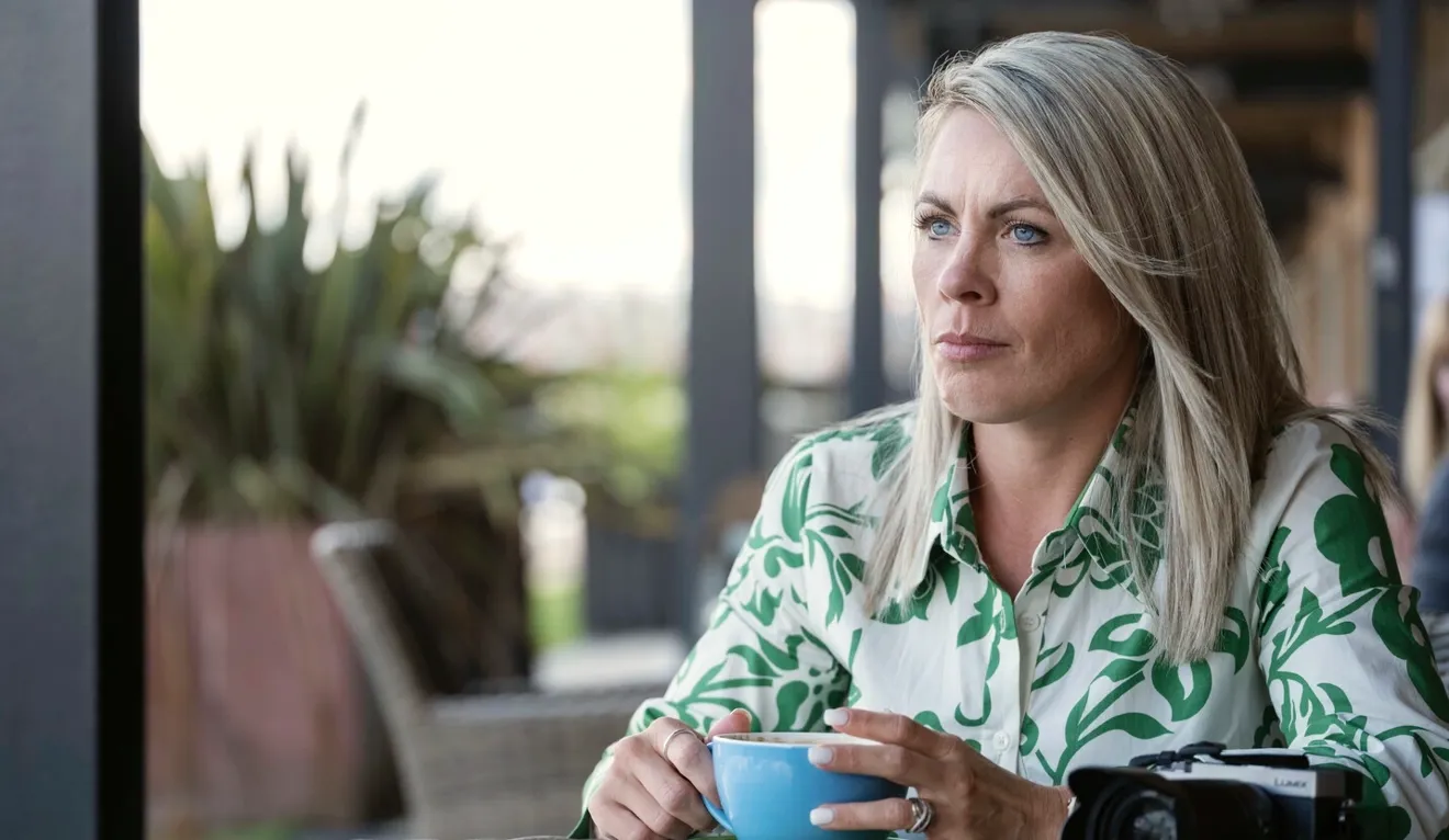 Bild von Laura, wie sie in ihrem Wohnzimmer sitzt. Multiple Sklerose verursacht Schäden am Nervensystem, stört die Signalübertragung von Gehirn und Rückenmark und kann die Funktionen von Blase und Darm beeinträchtigen. 